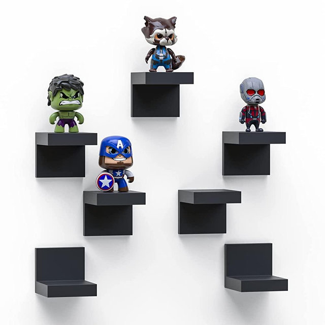 7-Pack Small Floating Shelves for Wall by RicherHouse, Plastic Small Black Shelf 4 Inch Display Ledges for Room Decor, Mini Shelf for Wall with 2 Types of Installation (Adhesive or Screw)