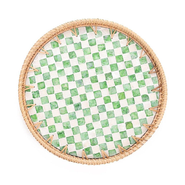 Tynulox Round Rattan Tray with Mother of Pearl Inlay, Rattan Serving Tray for Coffee, Bread, Fruits, Decorative Wicker Tray for Table Decor, Home Decor, Kitchen Island Decor(Green Checkerboard, 11.8")