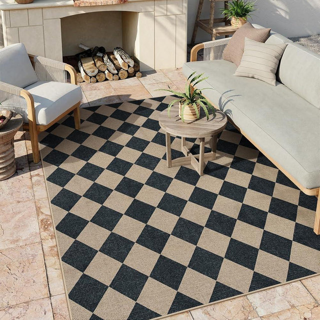 Lahome Checkered Easy Jute Patio Rug, 6x9 Washable Indoor Outdoor Rug, Farmhouse Neutral Non Slip Non Shedding Low Pile Floor Carpet for Deck Living Dining Room Office Mudroom