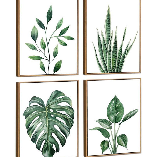 Drsoum Botanical Canvas Framed Wall Art Watercolor Green Leaf Tropical Plant Art Prints Boho Decor for Bedroom Bathroom Kitchen Home Office Decorations 8"x 10"x 4pcs