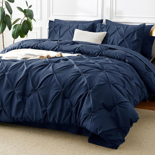 CozyLux King Size Comforter Set Navy Blue, Pintuck Bed in A Bag 7 Pieces, Pinch Pleat Bedding Sets with All Season Comforter, Pillow Sham, Flat Sheet, Fitted Sheet and Pillowcase, Navy Blue, King