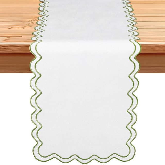 Windkream 72 Inches Scalloped Edge Table Runner, Double Linen Fabric Table Runner Outdoor, Rustic Dining Decor for House Kitchen Coffee(Sage Green,White)