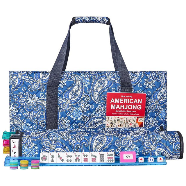 GUSTARIA American Mahjong Game Set, 166 Quality White Tiles, 4 All-in-One Color Rack/Pushers, Mahjong Tile Set with Blue Printed Carrying Bag