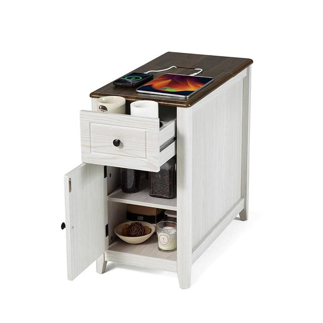 Farmhouse End Table with Charging Station, USB-C, Narrow Side Table with Storage Cabinet and Deep Drawer, Small Nightstand with Hidden USB Ports and Outlets for Living Room, Bedroom, Office, White