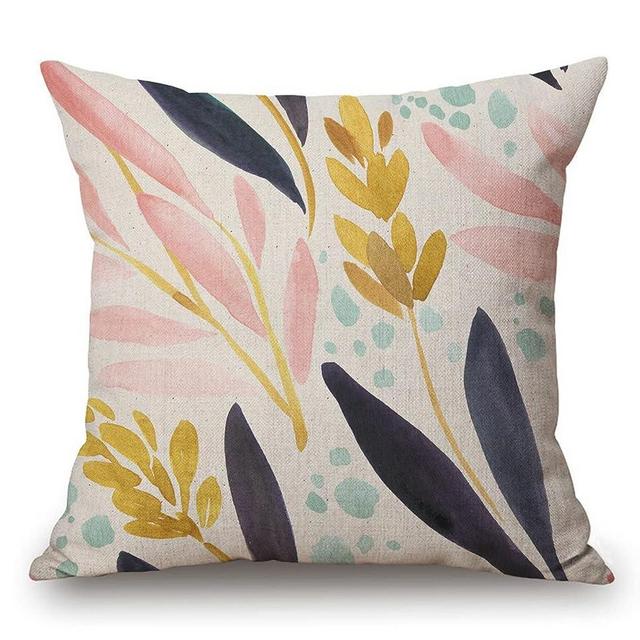 Watercolor White Pink Navy Yellow Floral Cotton Linen Square Throw Pillow Case Decorative Cushion Cover Pillowcase for Sofa 18"X 18"