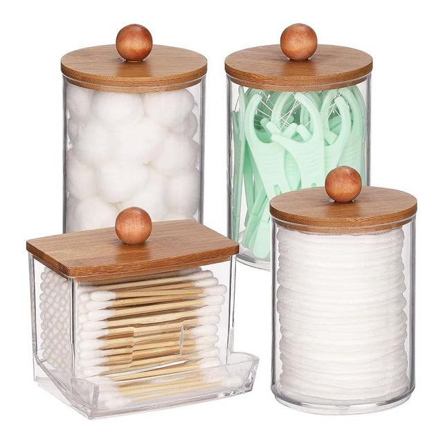 Tbestmax Qtips Holder Dispenser, 10/7 oz Cotton Ball/Swabs Storage Containers, 4 Pack Apothecary Jars for Bathroom Organizer Bambooo Lids