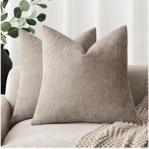 Foindtower Set of 2 Soft Textured Chenille Throw Decorative Pillow Covers Square Accent Solid Cushion Cover Cozy Neutral Farmhouse Pillow Case for Couch Sofa Bedroom Living Room 20x20 Inch,Light Taupe
