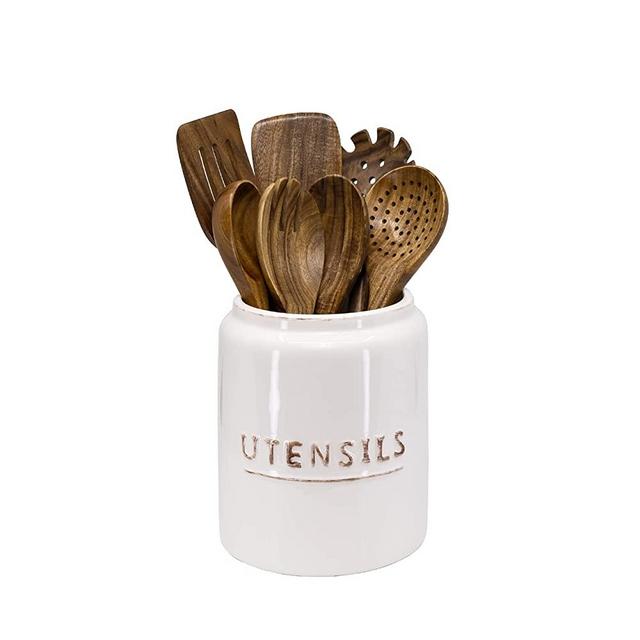 4 Kitchen Large Utensil Holder for Countertop, Crock Organizer with Storage for Kitchen, Cute Farmhouse and Rustic Design for Home