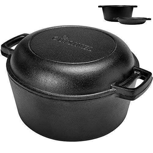 Pre-Seasoned Cast Iron Skillet and Double Dutch Oven Set – 2 In 1 Cooker: 5 Quart Deep Pan, 10-Inch Frying Pan Converts to Lid for Dutch Oven – Grill, Stove Top and Induction Safe