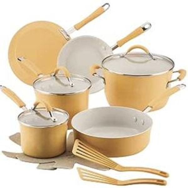 Rachael Ray Cucina Ceramic Cookware Set - 13 Pieces - Ceramic Pots and Pans Set w/Nonstick Frying Pans, Saute Pan, Saucepans, Stockpot, Lids, Pan Protectors & Cooking Utensils - Turmeric