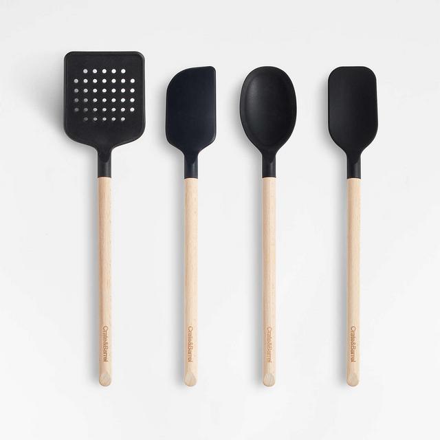 Crate & Barrel Black Silicone and Wood Utensil, Set of 4