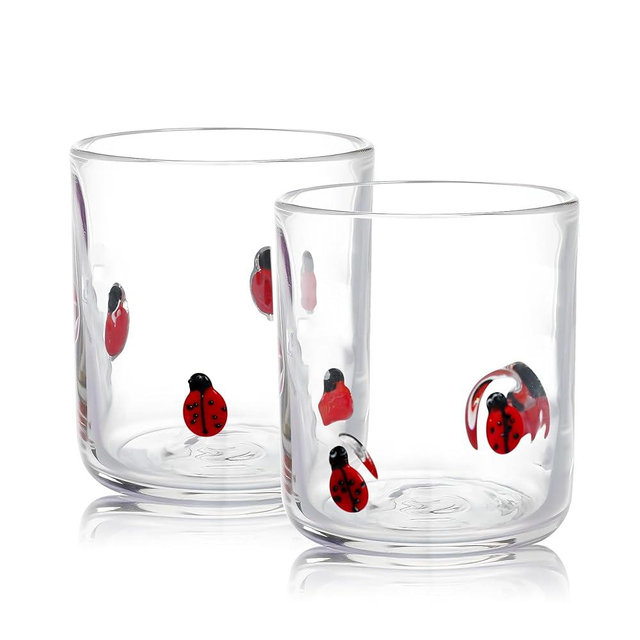 LIKEYO 2 Pack Icon Juice Glass Ladybug, Old Fashioned Transparent Cup Heat & Cold Resistant Coffee Cup with Heavy Base, Cute Cocktail Glass Ladybug Drinking Mug 16 oz, Unique Design for Birthday Gift