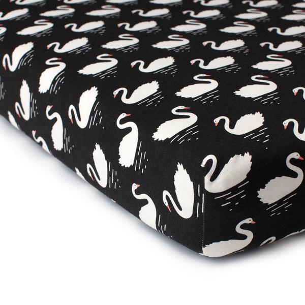 Fitted Crib Sheet - Swans Black