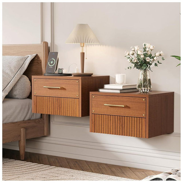 JOINICE Floating Nightstand Set of 2 with Charging Station, Mid Century Modern Wood Wall Mounted Bedside Table with Storage Drawers & Fluted End Table for Bedroom, Home Small Space, Cherry, 2 PCS