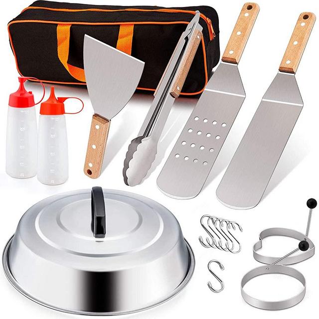Leonyo Griddle Accessories Set of 10, Stainless Steel Grill Griddle Metal Spatula for Cast Iron Flat Top Teppanyaki Hibachi Cooking, Carry Bag, Heavy Duty Chef Gift, Melting Dome