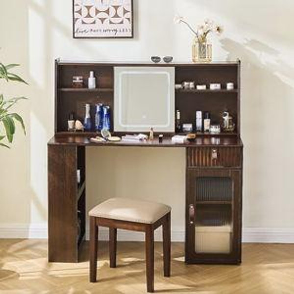 Wooakway Walnut Makeup Vanity Desk with Mirror Wood Dressing Table with Storage Shelves and Drawer 17.7-in Dx47.2-in Wx49.6-in H