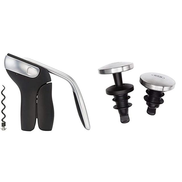 OXO SteeL Vertical Lever Corkscrew with Removable Foil Cutter,Black/Silver,2.1 & SteeL Expanding Leakproof Wine Stopper, (2 Pack)