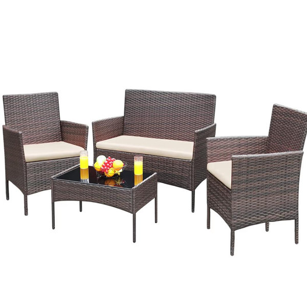 Greesum Patio Furniture 4 Pieces Conversation Sets Outdoor Wicker Rattan Chairs Garden Backyard Balcony Porch Poolside loveseat with Soft Cushion and Glass Table, Brown and Beige