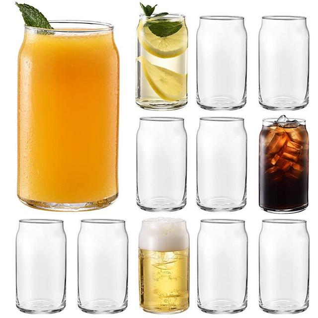 Beer Can Glass, Can Shaped Glass Cups 16 oz, Glass Cups Set Of 12, Beer Glasses Drinking Glasses Bulk, For Beer, Soda, Iced Coffee, Smoothies, Cocktails