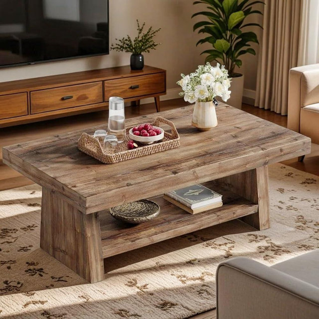 TRIBEWOOD 47" Solid Wood Coffee Table, 2-Tier Rectangular Farmhouse Center Table with Storage Shelf, Distressed Charred Wood Coffee Tables for Living Room, Rustic Vintage Carbonized