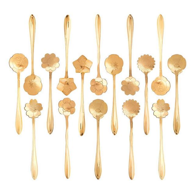 Snamonkia Set of 16 Stainless Steel Dessert Spoons for Coffee, Ice Cream and Tea, Flower Sugar Spoons 4.9 Inches for Demitasse Espresso (Gold)