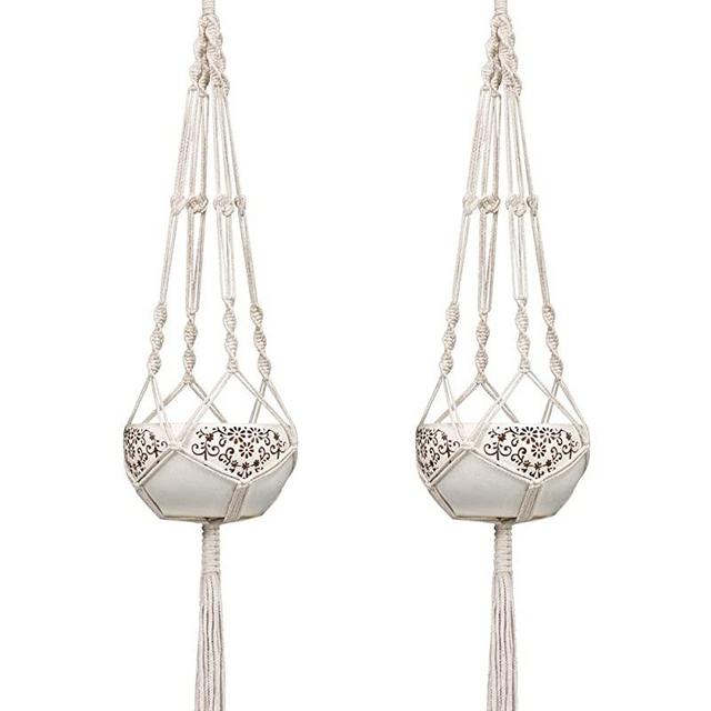 Mkono 2Pcs Macrame Plant Hangers Indoor Outdoor Hanging Planter Basket Cotton Rope 4 Legs 41 Inch