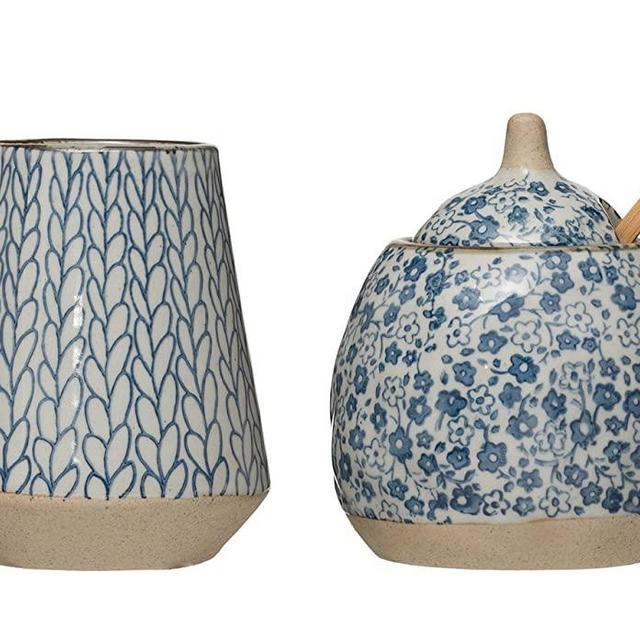 Creative Co-Op Hand-Painted Stoneware Sugar & Creamer (Set of 2 Pieces) Creamer Set, Blue