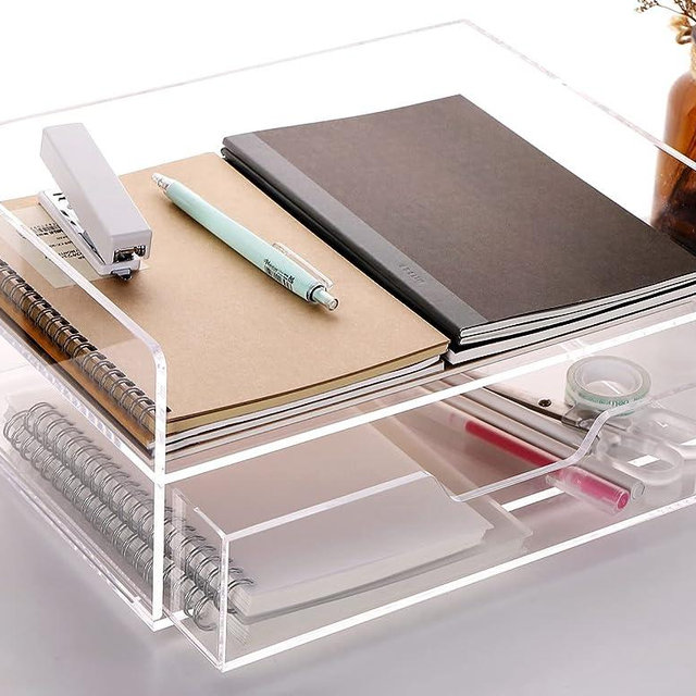 SANRUI 2-Tier Paper Letter Tray Organizer with Drawer,Stackable Desk Drawer Tray Clear Acrylic Paper Tray,Paper Organizer for Office,Home or School