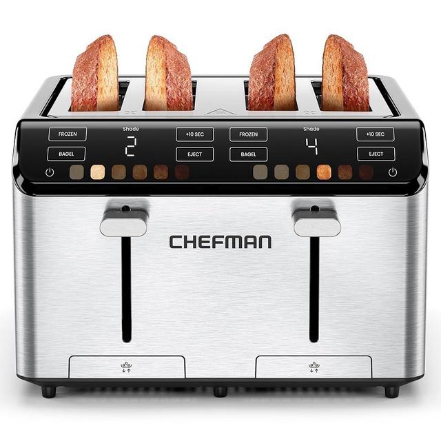 Chefman Smart Touch™ 4 Slice Digital Toaster, 6 Shade Settings, Stainless Steel Toaster 4 Slice with Extra-Wide Slots, Thick Bread Toaster and Bagel Toaster, +10 Seconds, Defrost, Removable Crumb Tray