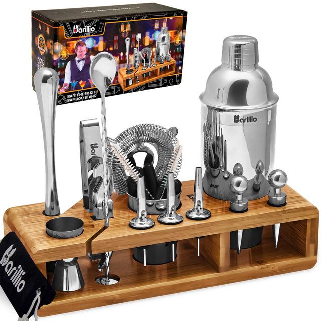 Elite 23-Piece Bartender Kit Cocktail Shaker Set by BARILLIO: Stainless Steel Bar Tools With Sleek Bamboo Stand, Velvet Carry Bag Recipes Booklet | Ultimate Drink Mixing Adventure