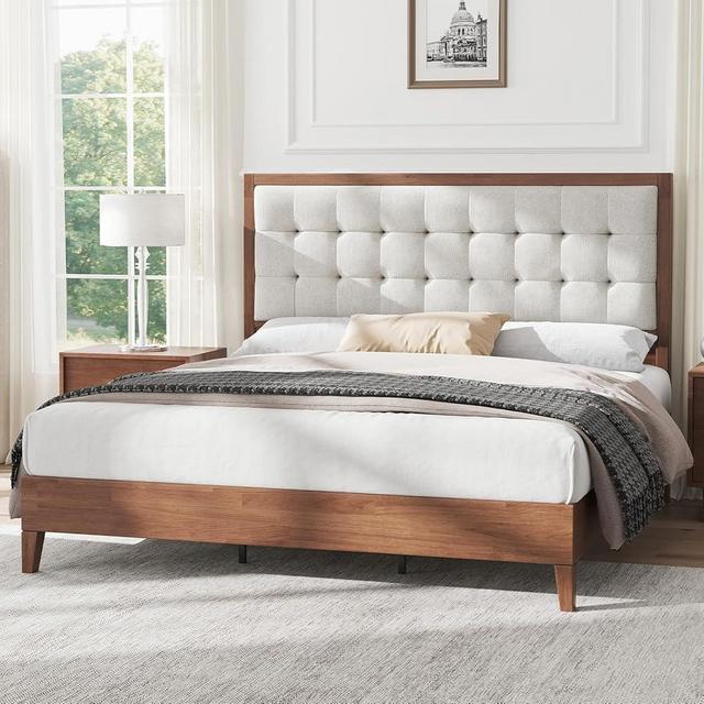 AMERLIFE Full Size Solid Wood Bed Frame with Tufted Headboard, Mid-Century Style, No Box Spring Required, Easy Assembly, Walnut