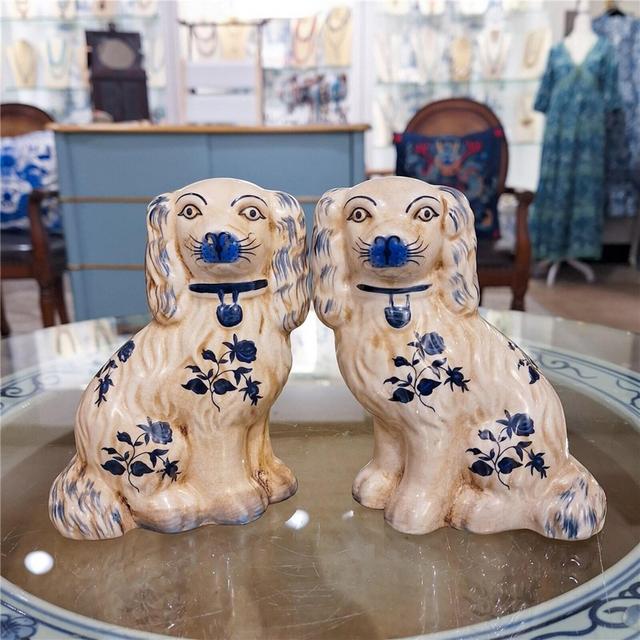Staffordshire Reproduction Pair of Blue and White Floral Dogs Figurines-6''H