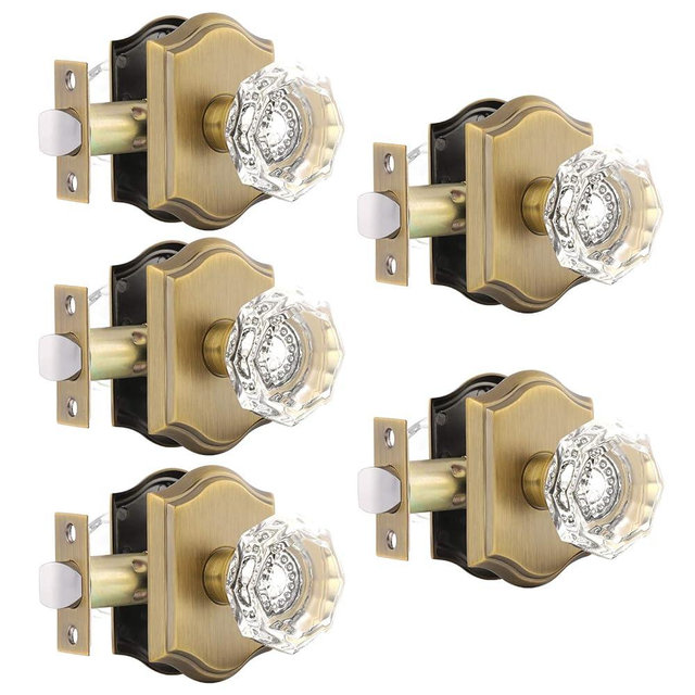 Gobrico 5 Pack Passage Crystal Door Knobs in Antique Brass for Hall Closet Laundry Room,Clear Octagon Shape,Keyless Outside for Interior Room