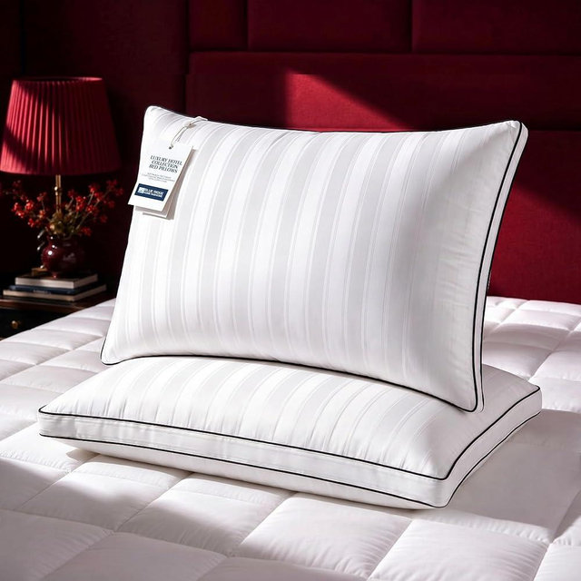 Blue Ridge Home Fashions Luxury Hotel Collection Bed Pillows King Size Set of 2, Soft Medium 500 Thread Count Damask Stripe Embroidered 100% Cotton Cover, Gusseted Down Alternative