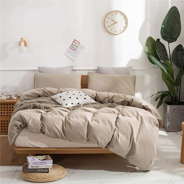 Janlive Washed Cotton Duvet Cover King Ultra Soft 100% Cotton Solid Khaki Duvet Cover Set with Zipper Closure -3 Pieces Khaki King