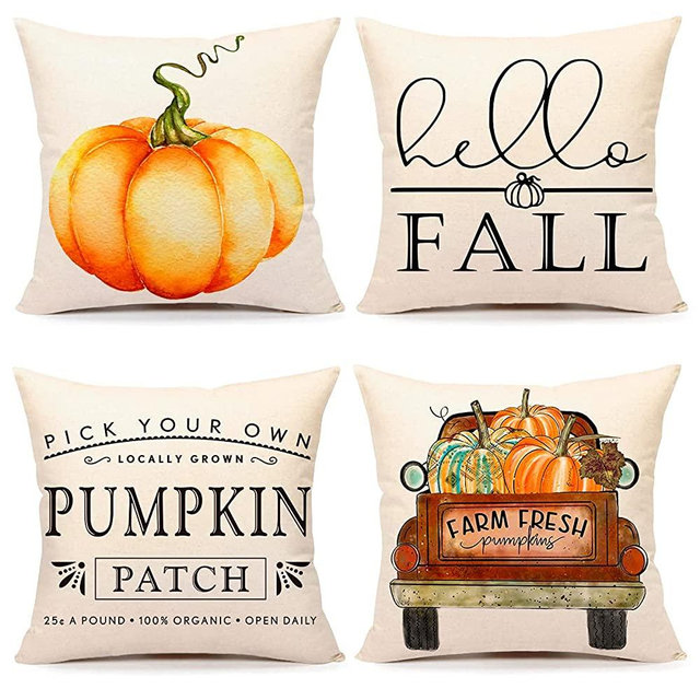 4TH Emotion Fall Decor Pillow Covers 18x18 Set of 4 Orange Pumpkin Farmhouse Decorations Throw Cushion Case for Fall Thanksgiving Home Decorative Pillows TH011