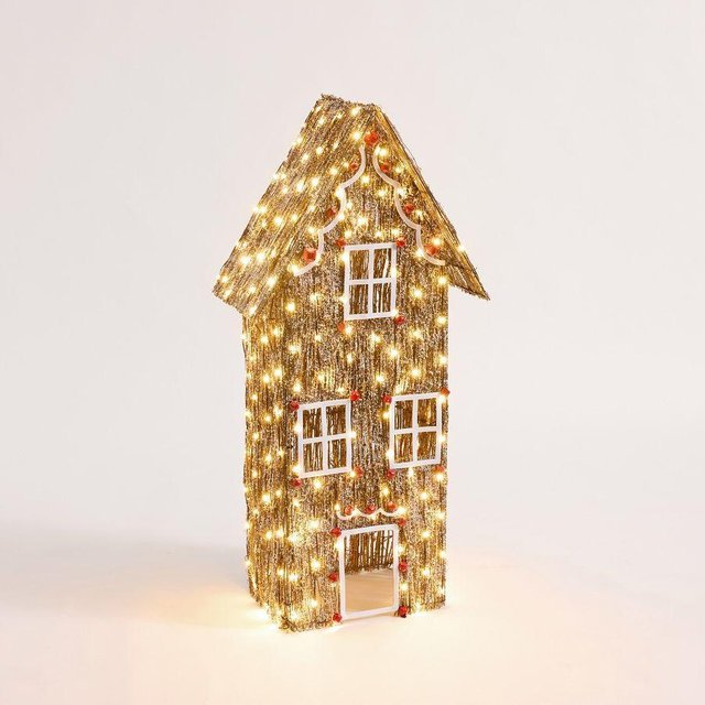 Lit Rattan Gingerbread: Brown/Red: Tall House