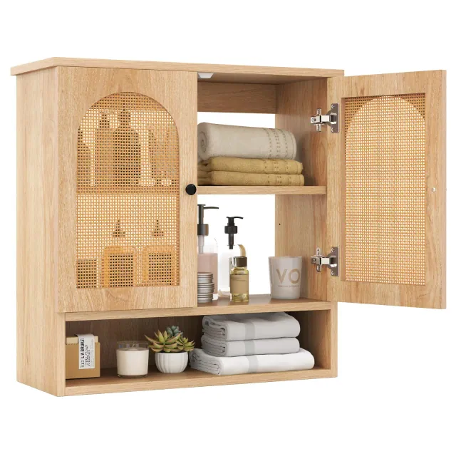 Costway Bathroom Wall Cabinet with Adjustable Shelves Open Cube 2 PE Rattan Doors for Over Toilet Wall Mounted Medicine Cabinet Natural