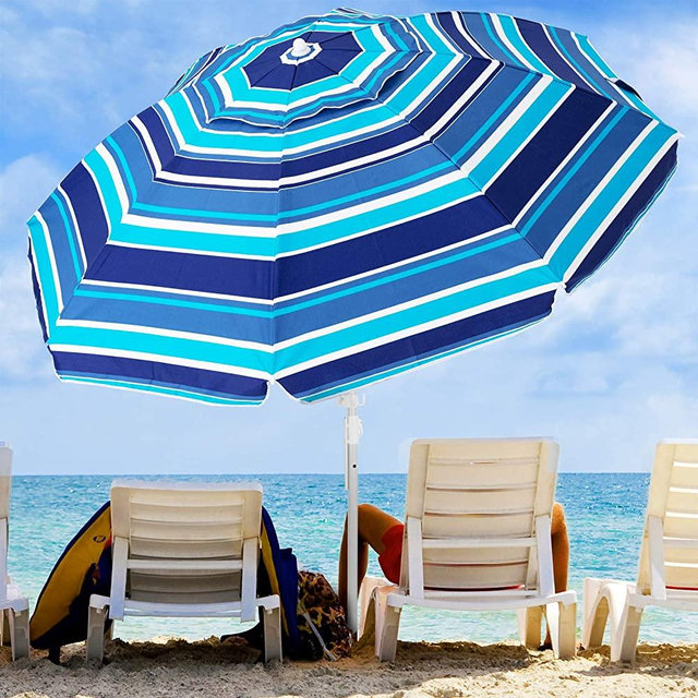 KITADIN 6.5FT Beach Umbrella Portable Outdoor Patio Sun Shelter with Sand Anchor, Fiberglass Rib, Push Button Tilt and Carry Bag (Blue/White)