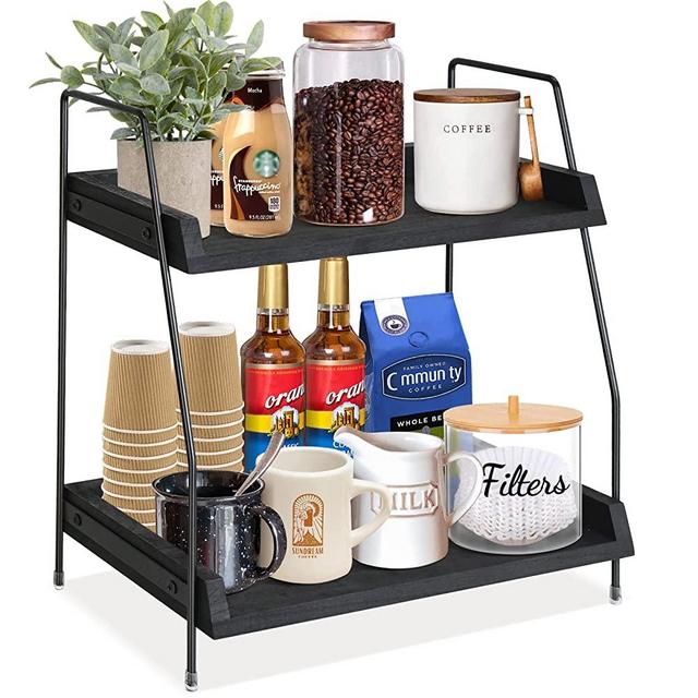 Coffee Bar Accessories and Organizer Countertop, Coffee Station Organizer 2 Tier Kitchen Counter Shelf Organizer,Coffee Condiment Storage,Cup Lid Holder Countertop Shelf for Bathroom,Kitchen(black)