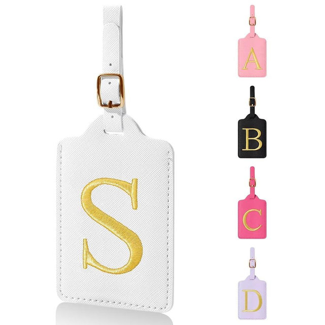 Personalized Initial Luggage Tags for Suitcases,Leather Letter Cute Luggage Tags with Privacy Name Card,Embroidered Monogrammed Travel Bag Backpack Tag Gifts for Women Kids Girls Teens(White-S)