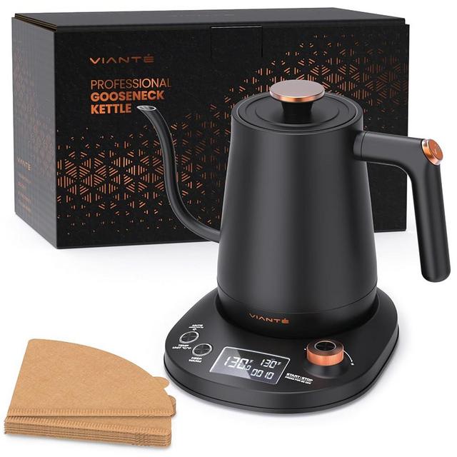 Vianté Electric Gooseneck Kettle with Precise Temperature Control. Pour Over Coffee & Tea Kettle. Boil-Dry Protection & Keep Warm Function. Stainless Steel, BPA-Free. Includes V60#2 Filters. 0.8L