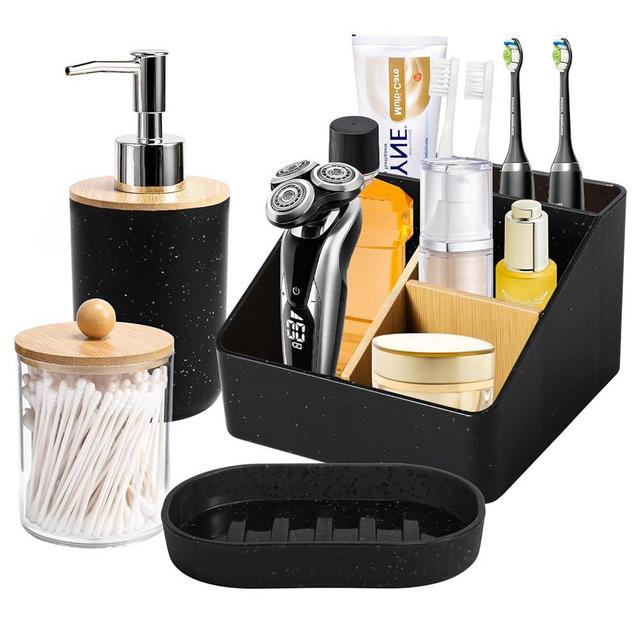 Black Bathroom Accessories Set 4PCS, Bathroom Container Set, Bamboo Toothbrush Holder, Soap Dispenser, Soap Dish, Qtip-Holder, 5 Bamboo Slots Toothbrush Holder, Countertop Sink Vanity Boho Decor