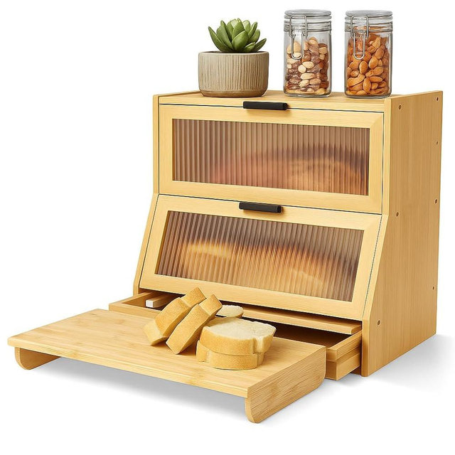 HOMIQ Bread Box for Kitchen Countertop - Bamboo Wood Breadbox with Knife Storage, Ventilation Holes - Farmhouse Loaf Organizer, Versatile 2 Layer Bread Storage Container for Snacks Mugs Spices