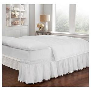 White Wrap Around Pom Pom Bed Skirt (Queen/King) - EasyFit™