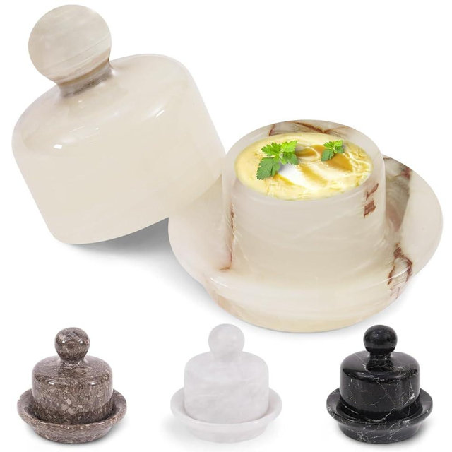 Marble Mini Butter Dish 4 Inch White Onyx Spreadable Butter Container for Kitchen Countertop, Butter Crock with Lid, Home Storage