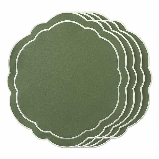 LADALI Round Placemats Set of 4, Cotton Linen- Double Layered, Luxury Scalloped Embroidered Cloth Table mats, 16 inch, Washable Fabric Dining Placemat (Green)
