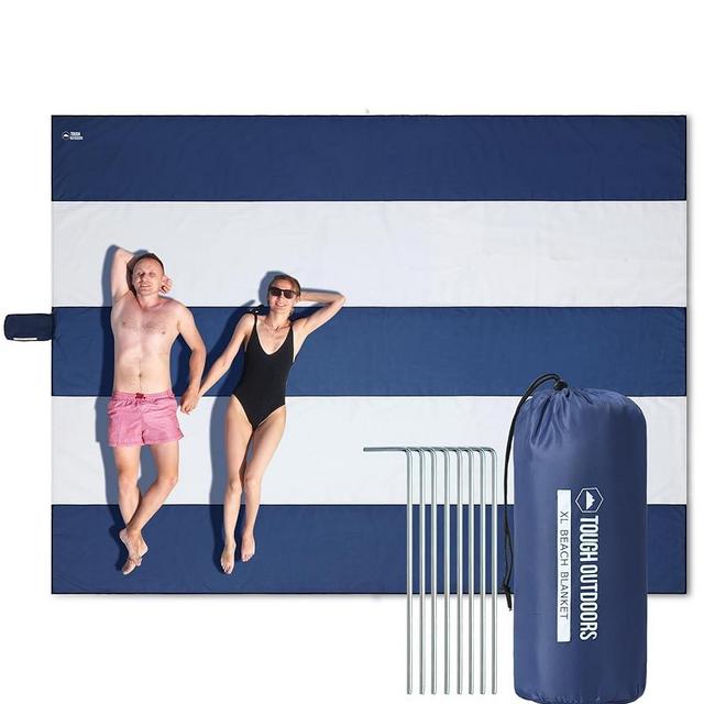 Tough Outdoors Extra Large Beach Blanket Waterproof Sandproof Oversized - 11'x10' Sand Free Beach Mat for 9 Adults - Hiking, Outdoor & Beach - Navy Blue & White