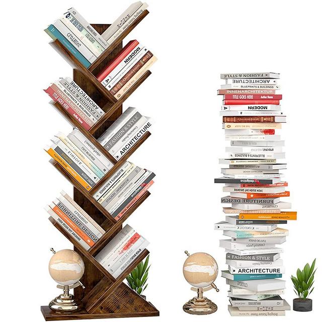 Tree Bookshelf, Topfurny 9-Tier Shelf Rustic Brown Bookcase, Retro Wood Storage Rack for CDs/Movies/Books, Anti-Fall Utility Organizer Shelves for Living Room, Bedroom, Home Office, Rustic Brown