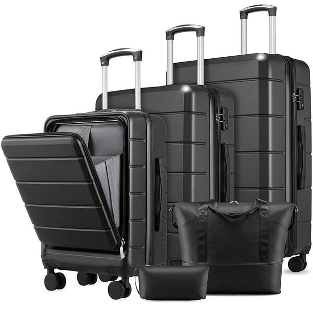 YOETEY Luggage Sets 5 Piece, Expandable Hardside Suitcases with Wheels Includes Tote Bag, Black